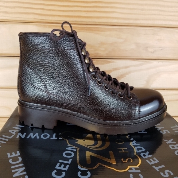 Men\'s 100% Genuine Leather Brown Ankle Boots 7 US Paul Branco Side Zip Lace-up